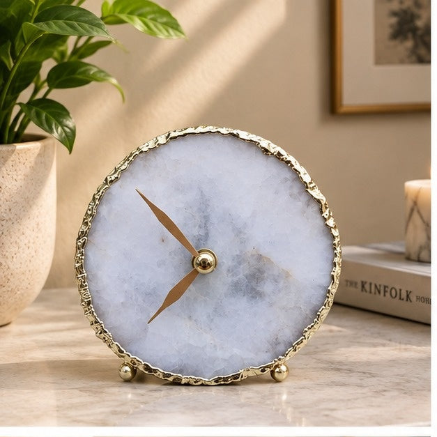 White Agate Round Desk Clock, 4 Inch