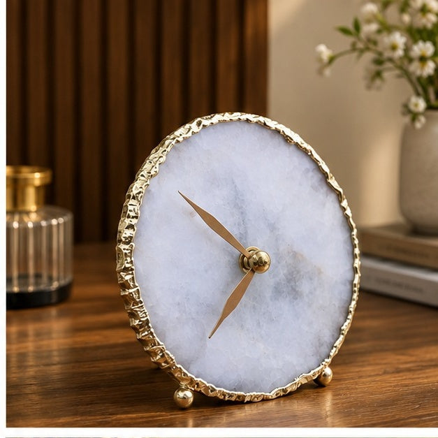 White Agate Round Desk Clock, 4 Inch