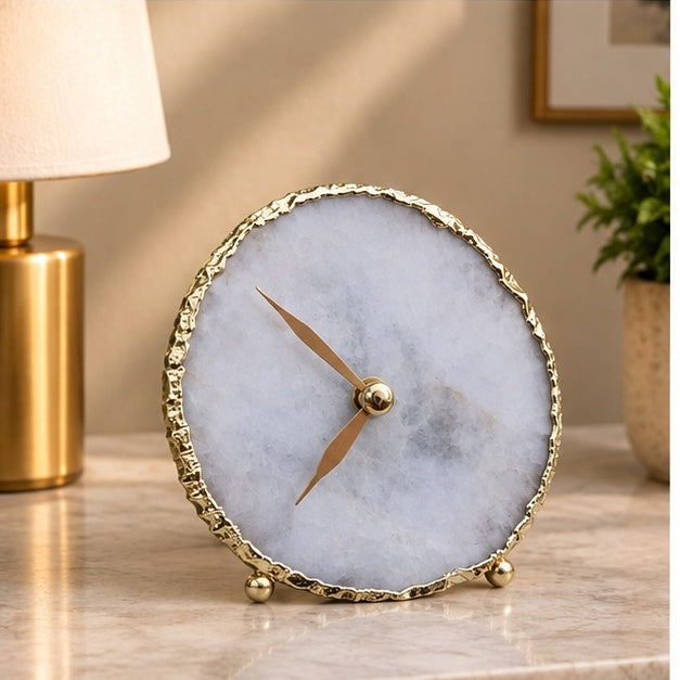 White Agate Round Desk Clock, 4 Inch