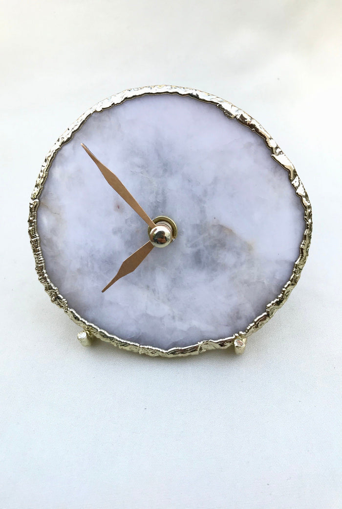 White Agate Round Desk Clock, 4 Inch